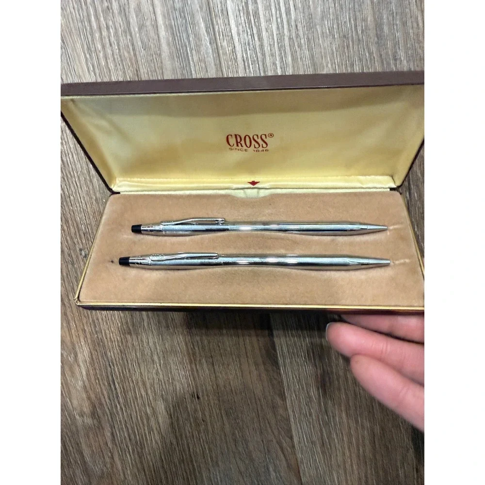 Vintage Cross Chrome Pen and Pencil Set with Original Brown Presentation Case